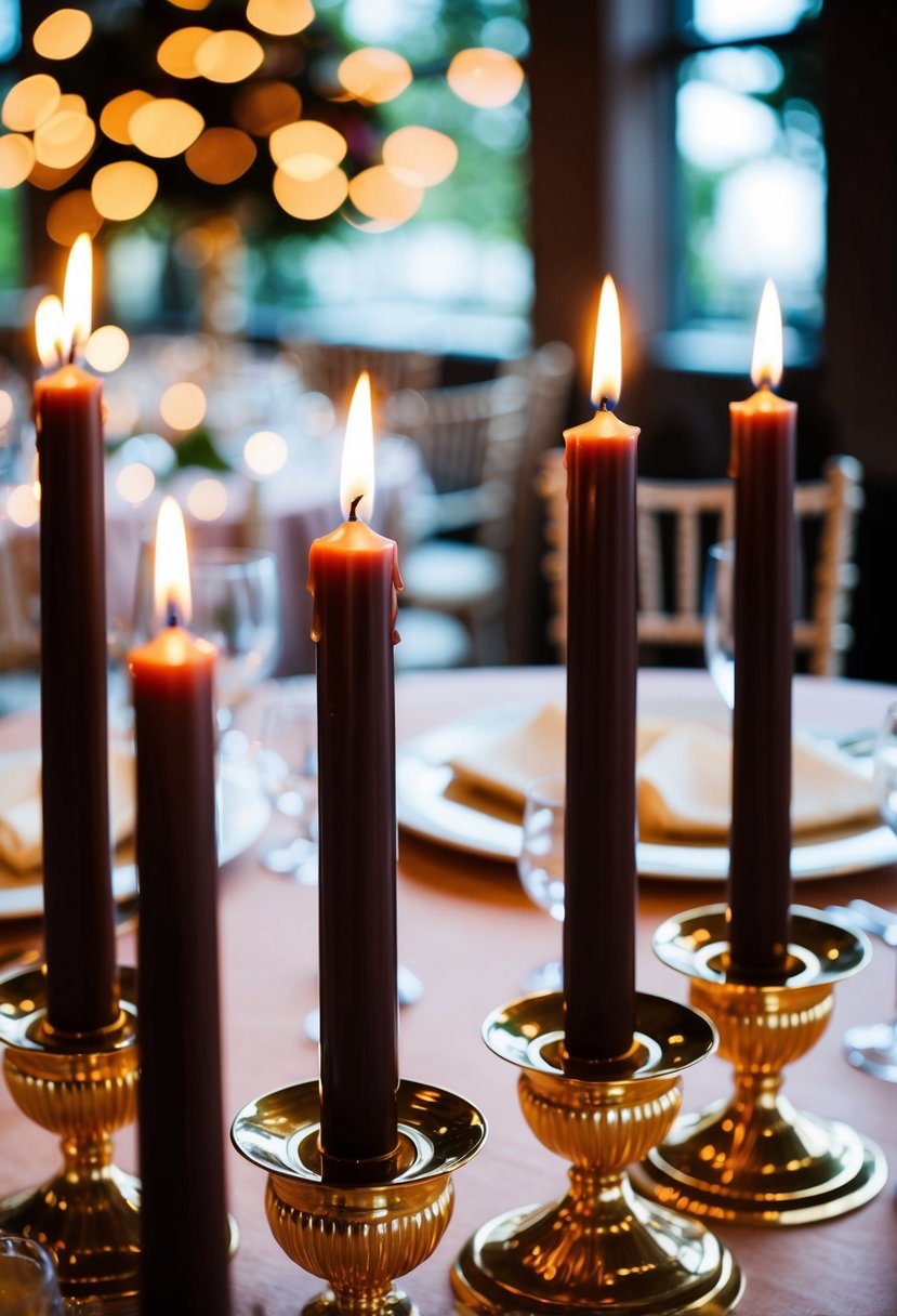 Dark brown candles in gold holders illuminate a richly decorated wedding table