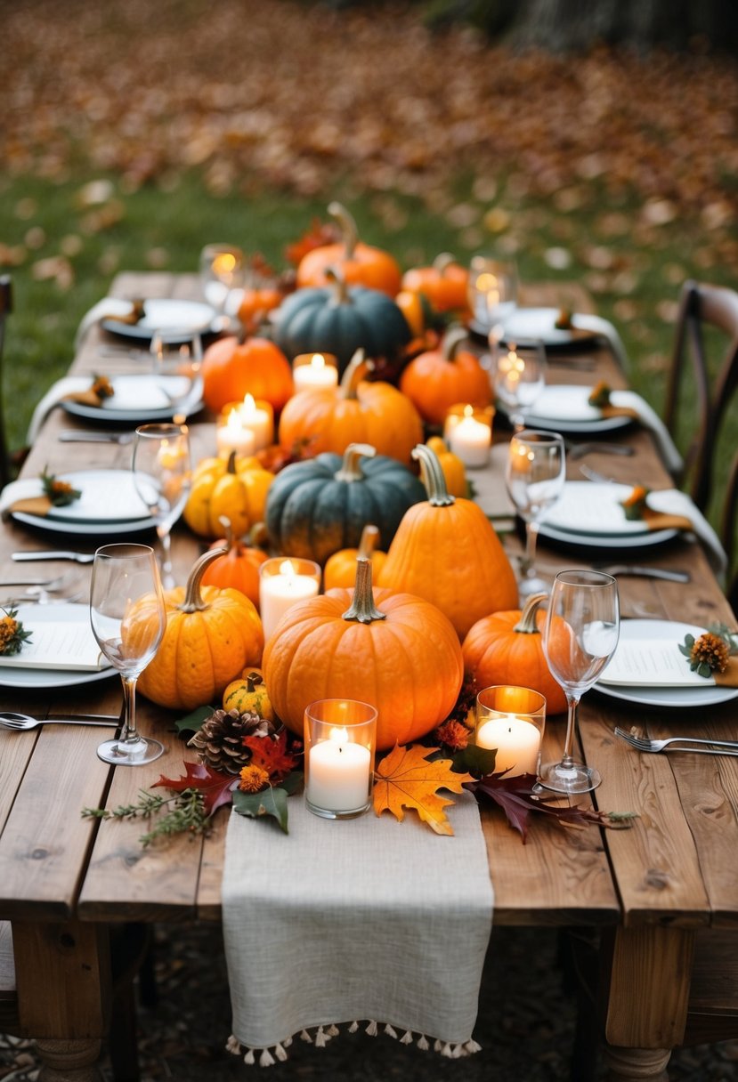 A rustic wooden table adorned with pumpkin and gourd centerpieces, accented with autumn foliage and candles, creating a cozy October wedding atmosphere