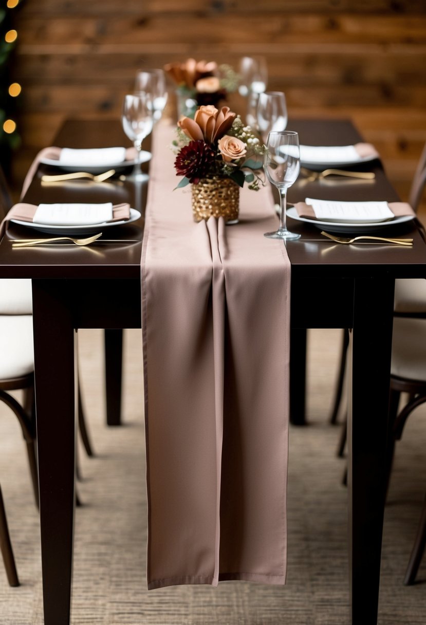 Taupe table runners draped over espresso table, adorned with brown wedding decorations