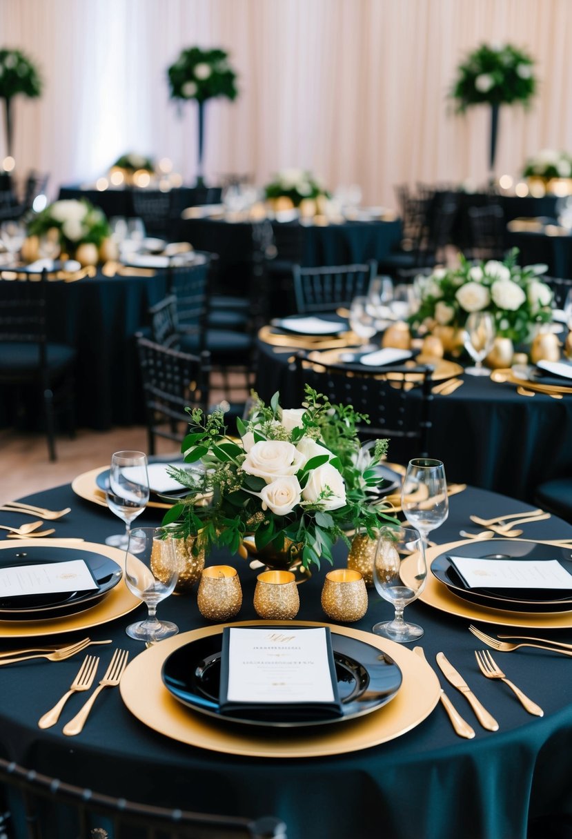 A black and gold themed wedding table with elegant centerpieces, shimmering tablecloths, and golden cutlery