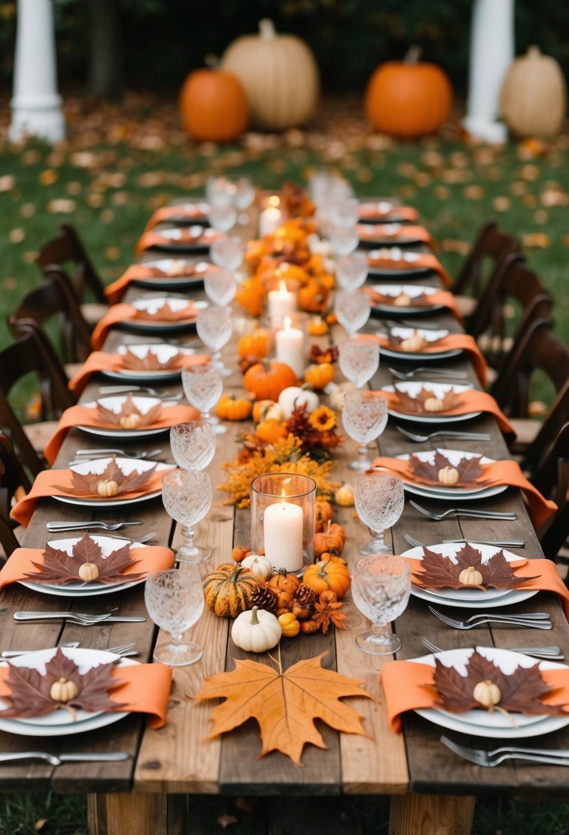 A rustic wooden table adorned with maple leaf table runners, surrounded by autumn-themed decor for an October wedding