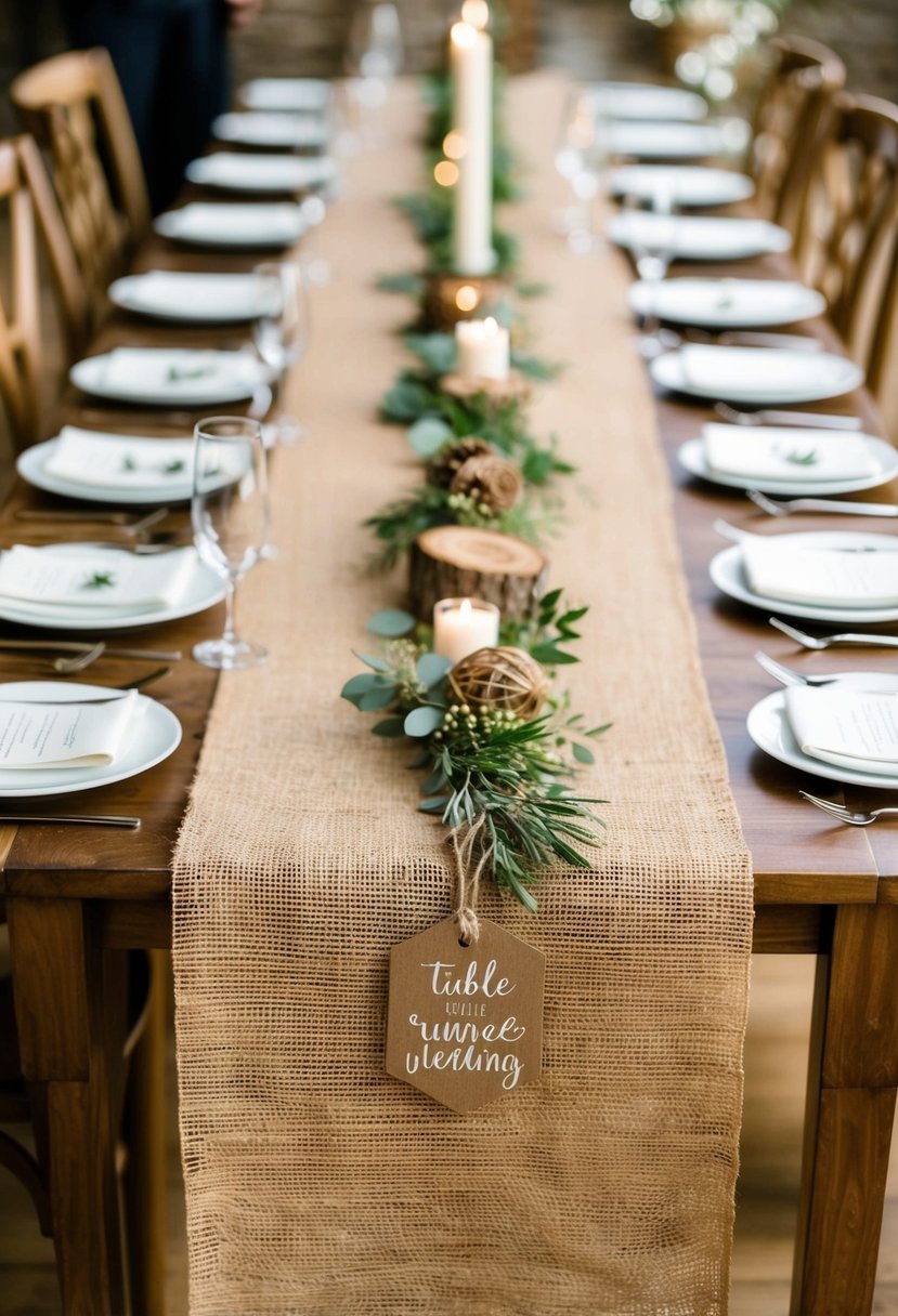 A long, brown burlap table runner adorned with rustic decorations, set on a wooden table for a wedding reception