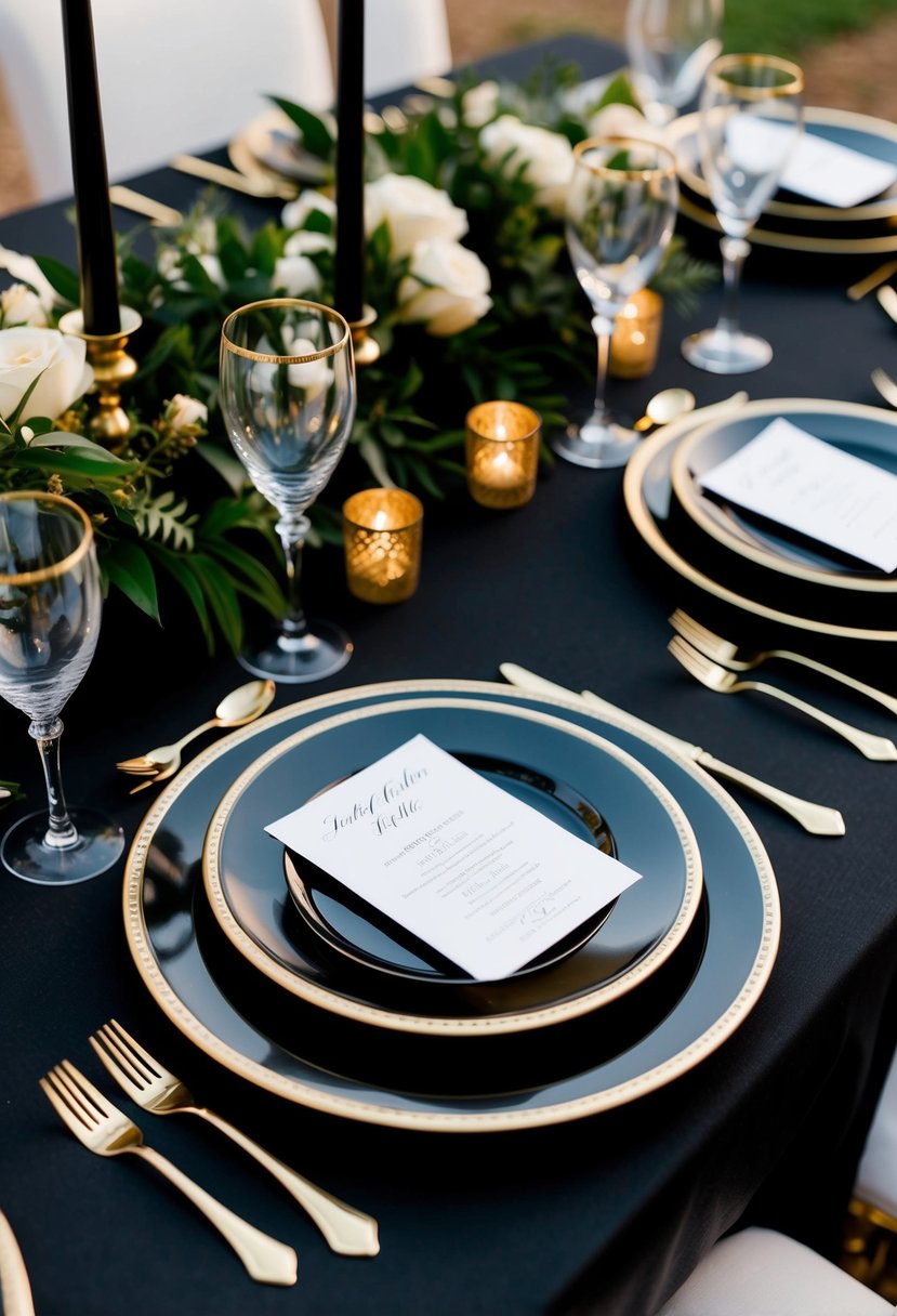 A black table adorned with gold-rimmed dinner plates, surrounded by elegant black and gold wedding decorations