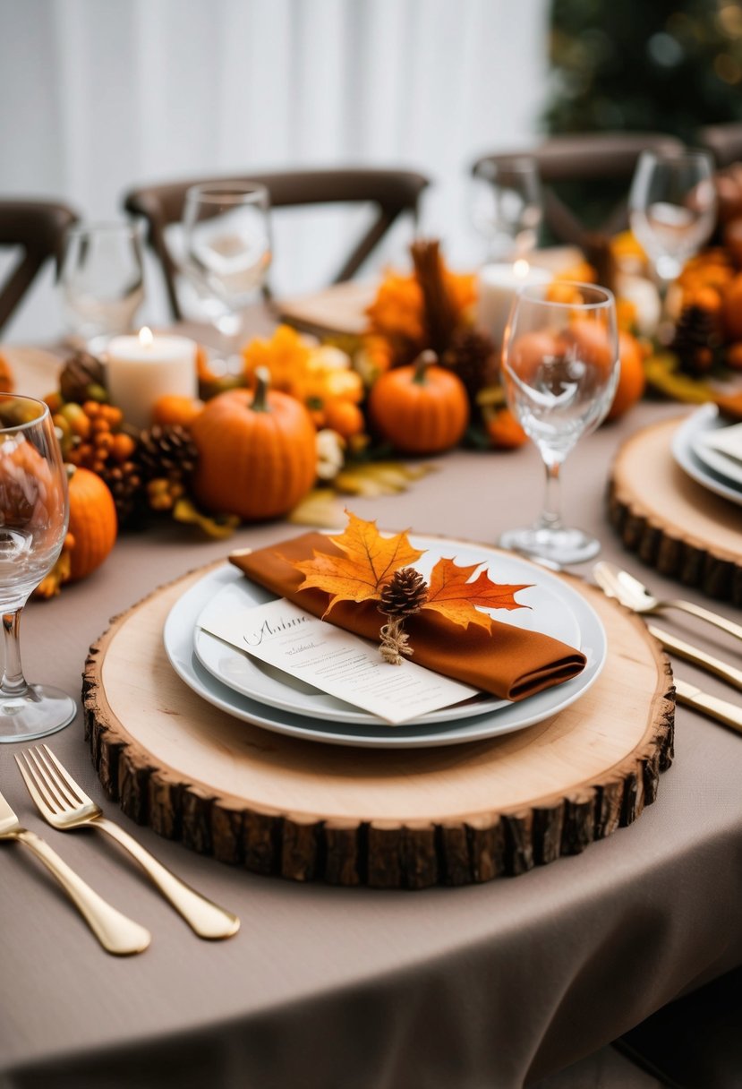 A table set with rustic wood slice chargers, adorned with autumnal decor for an October wedding