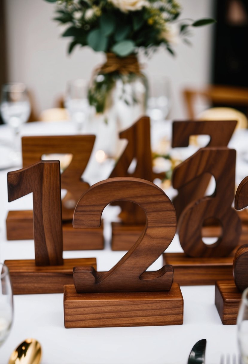 A set of wooden table numbers, stained in rich walnut brown, arranged neatly as wedding table decorations