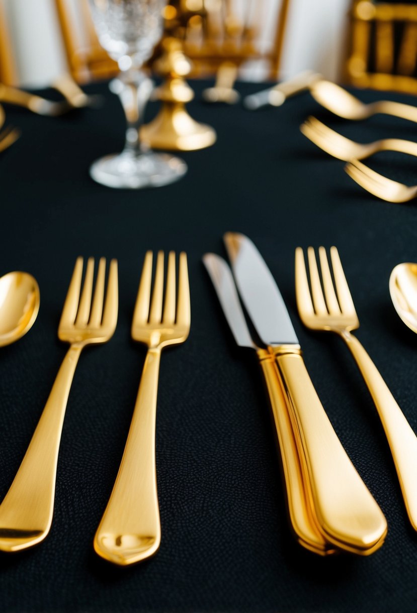 A golden cutlery set arranged on a black tablecloth