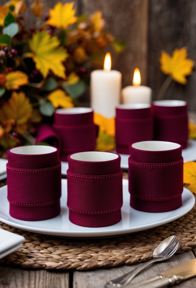 Burgundy napkin rings arranged on a rustic wooden table with autumn foliage and candlelight