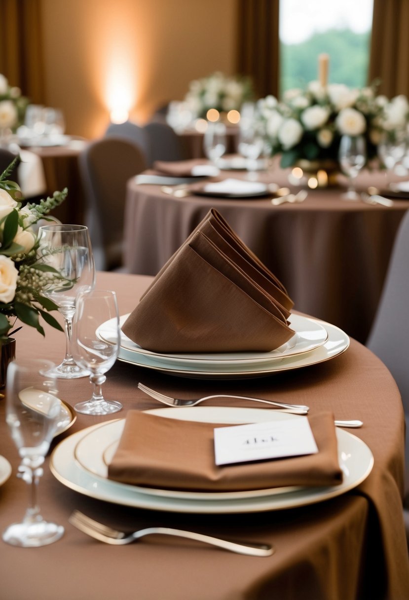 Cocoa-colored linen napkins arranged on a brown wedding table with elegant decorations