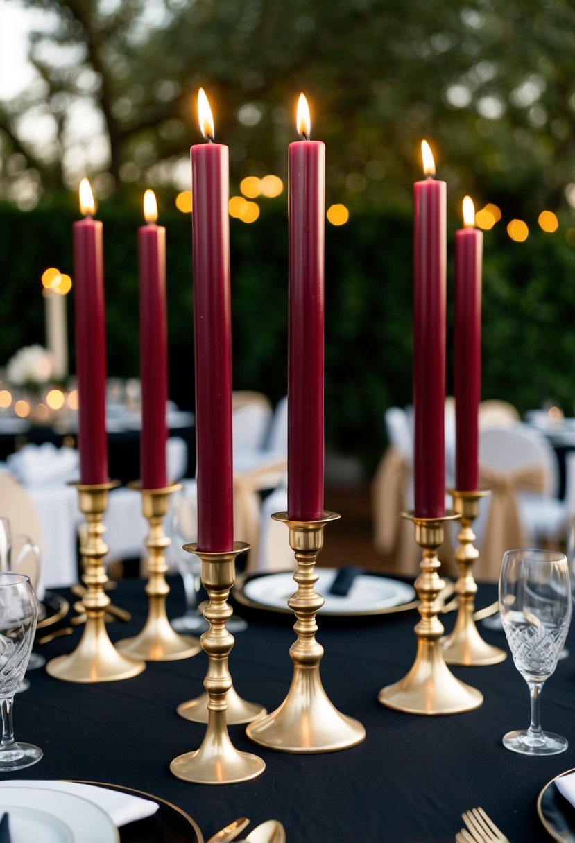 Burgundy taper candles in gold holders adorn a black and gold wedding table