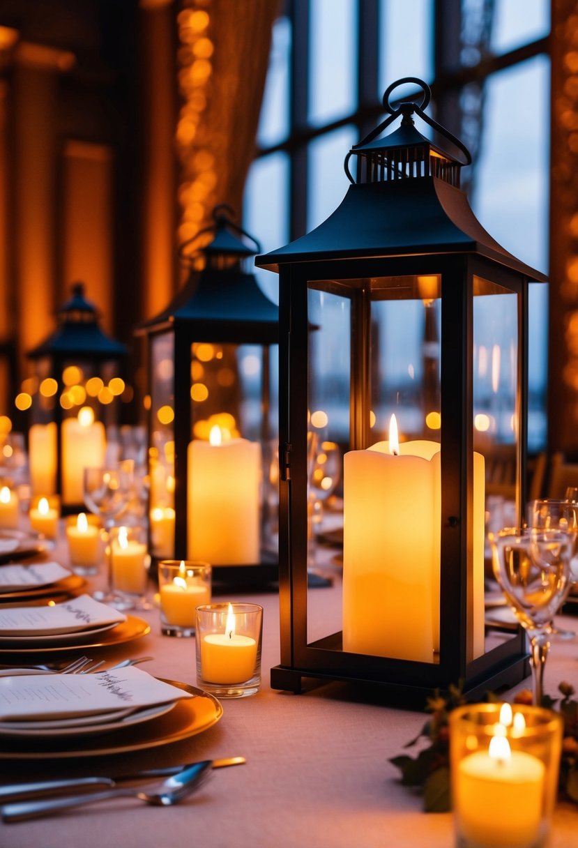 Candlelit lanterns illuminate an elegant October wedding table, casting a warm, romantic glow