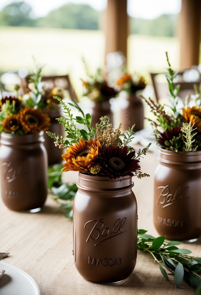 Chocolate-hued mason jars filled with earthy-toned flowers and greenery adorn rustic wedding tables