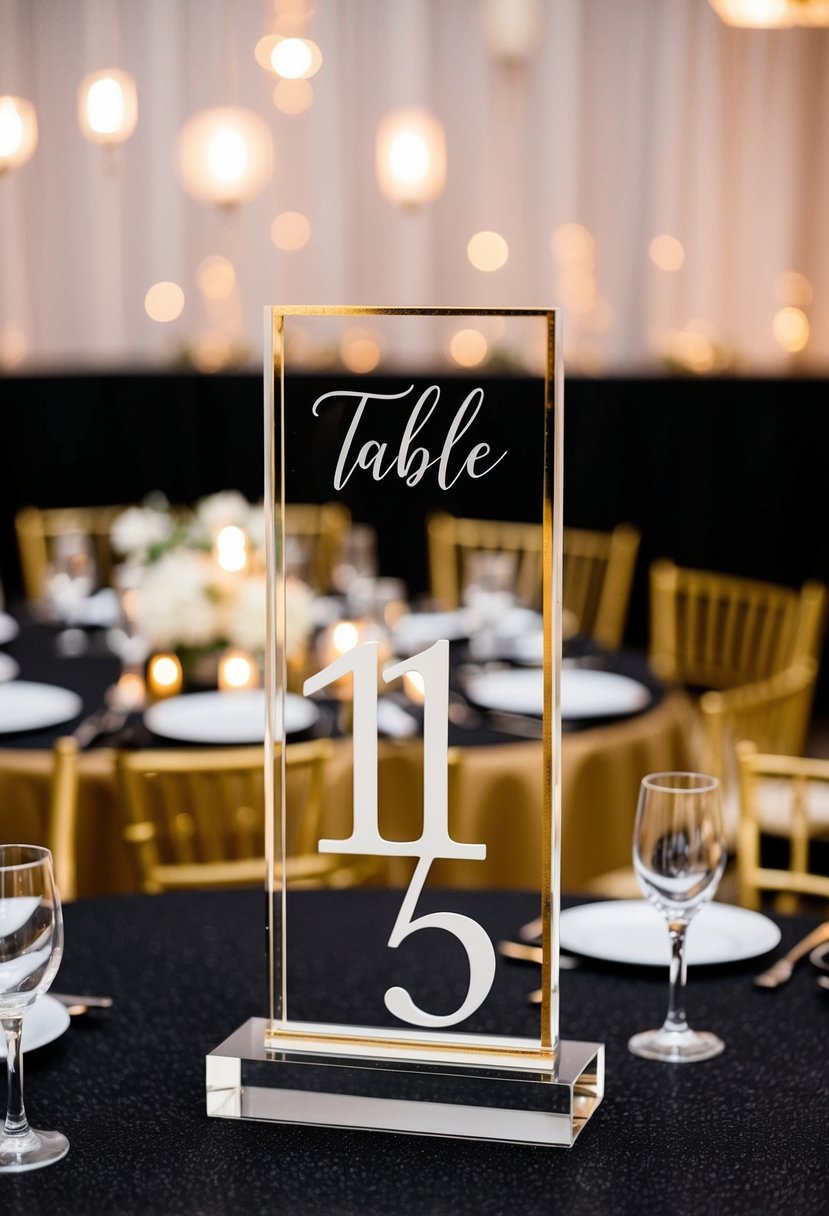 Acrylic table numbers with gold edges stand on black and gold decorated wedding reception tables