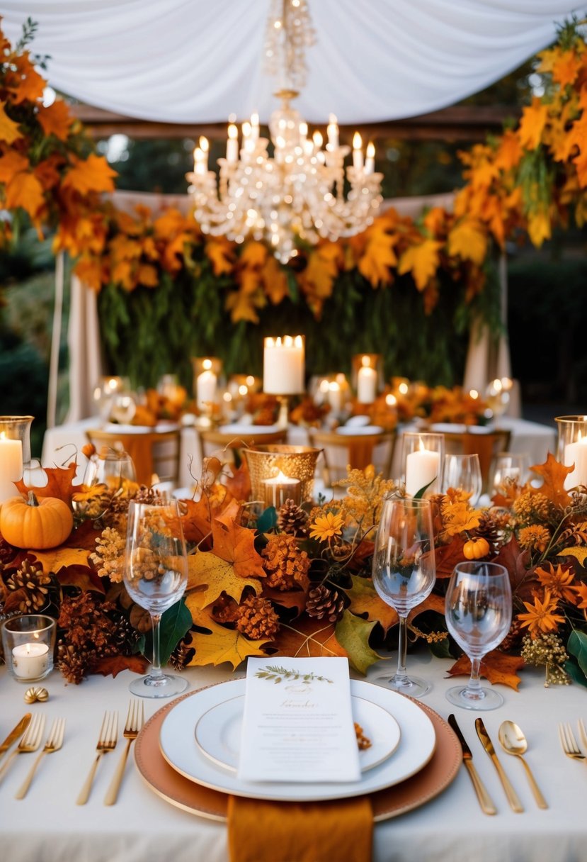 An elegant table adorned with garlands of vibrant autumn foliage, creating a warm and inviting atmosphere for an October wedding celebration