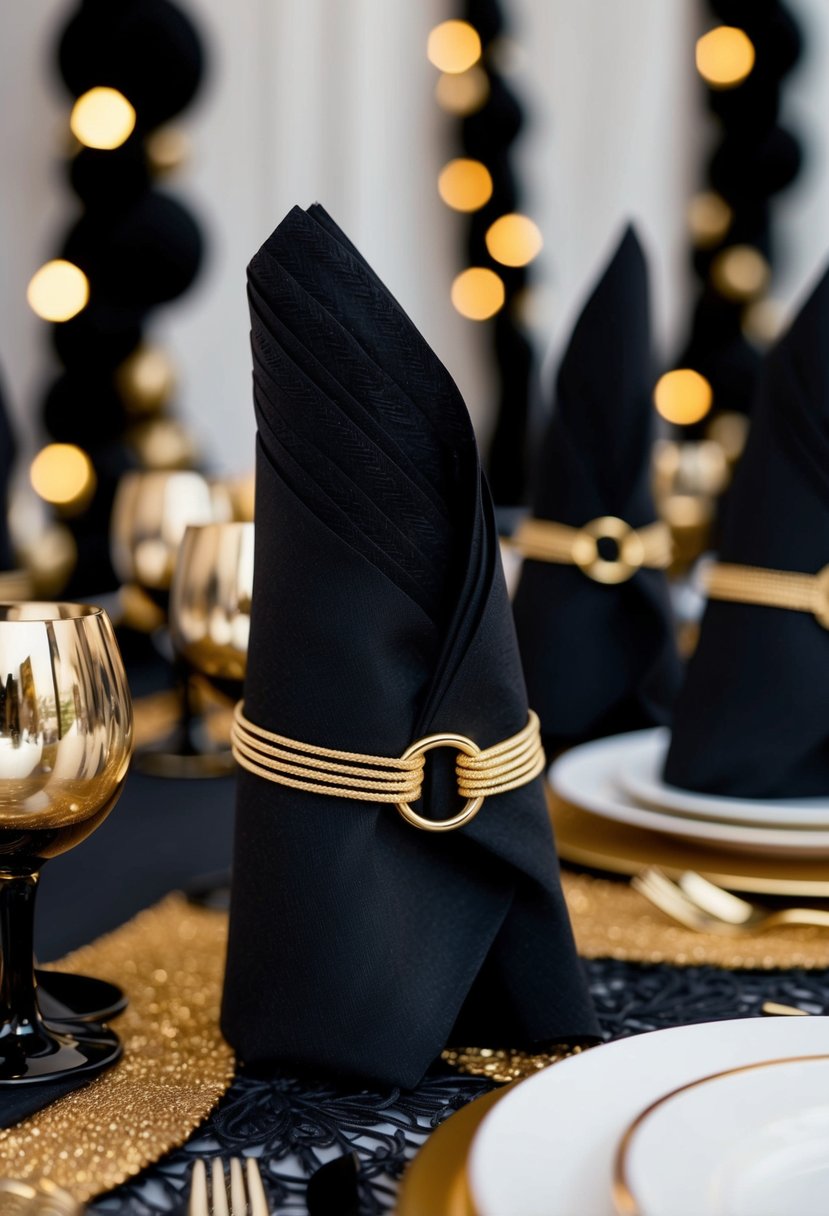 Black napkins folded neatly and adorned with golden rings, set on a table with matching black and gold decorations