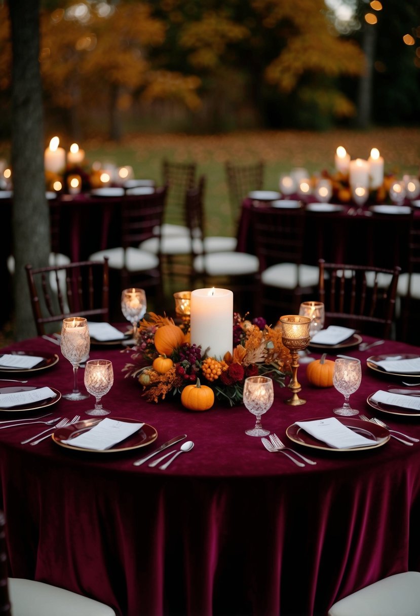 A round table with a rich, velvet tablecloth in a deep shade of burgundy, adorned with autumnal centerpieces and flickering candles