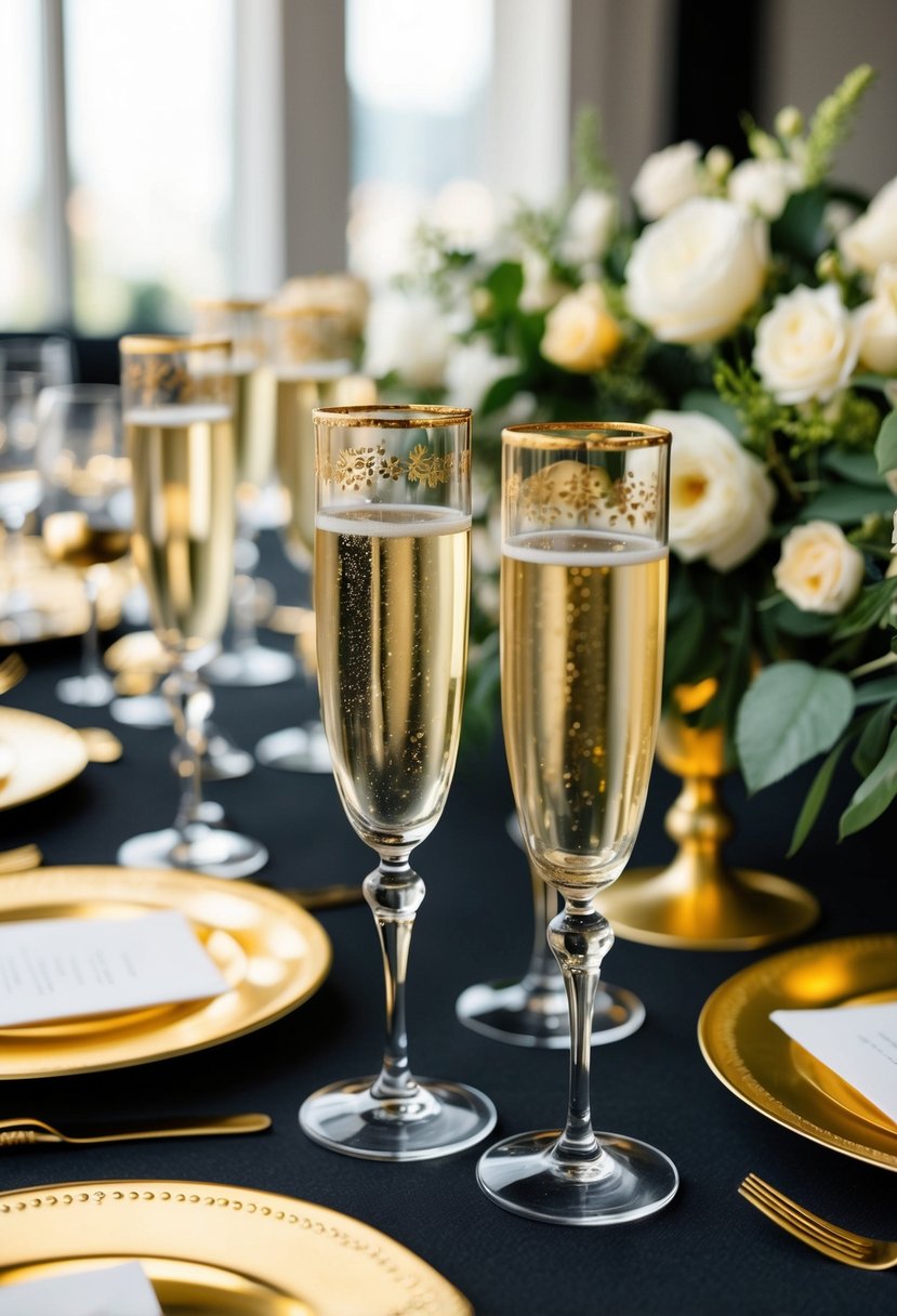 Golden-rimmed glassware and champagne flutes adorn a black and gold wedding table, creating an elegant and luxurious atmosphere