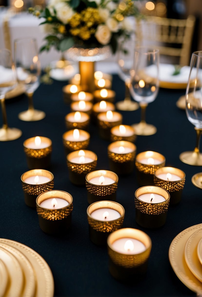 Golden votive candle holders arranged on a black table, surrounded by gold accents for a luxurious wedding decor