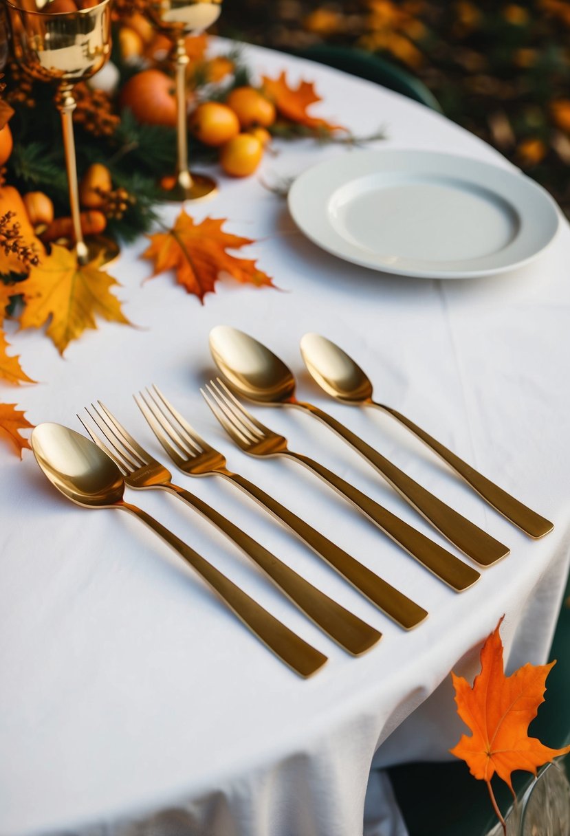 Gold utensils arranged on a white tablecloth with autumn foliage accents