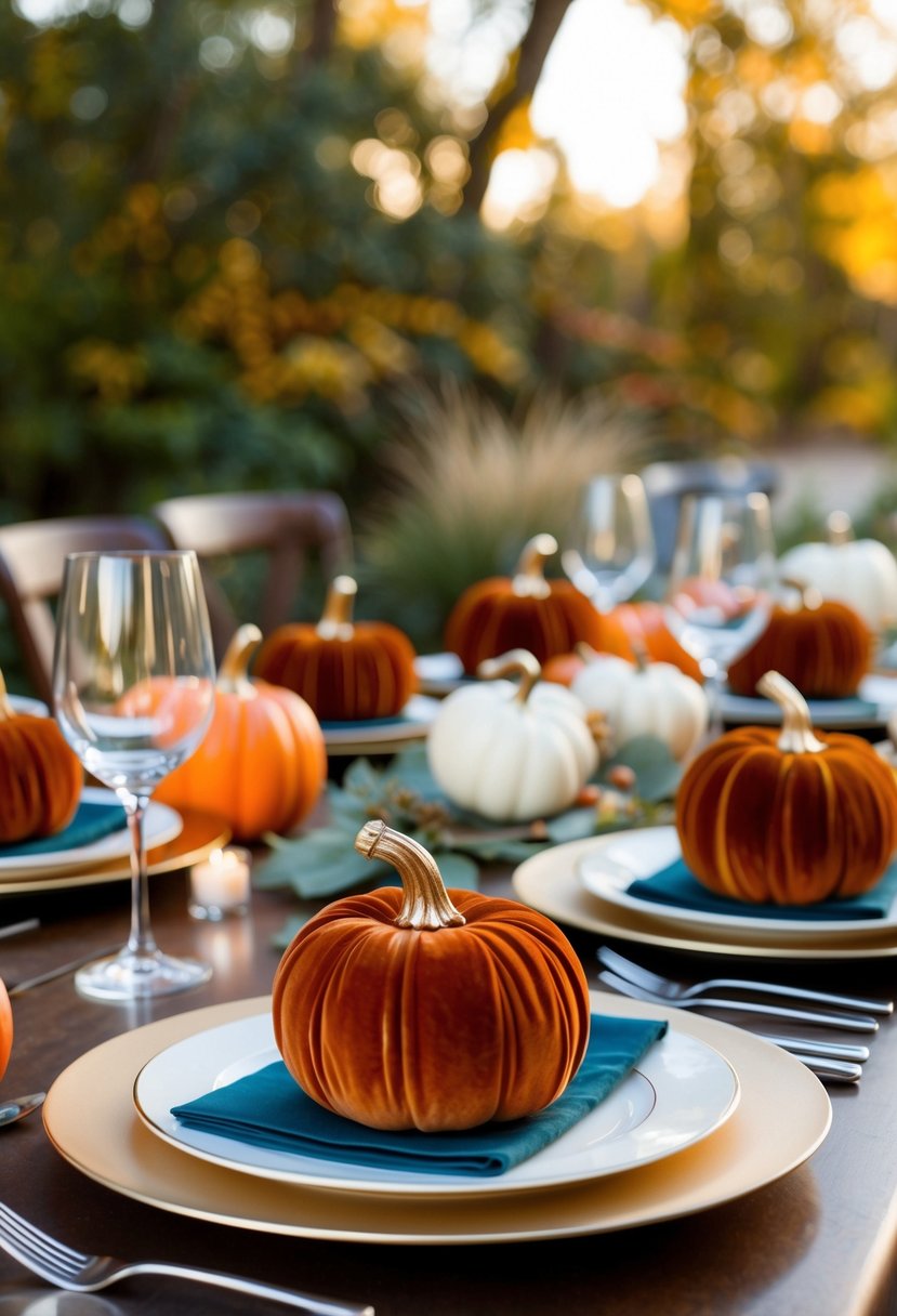 A table set with elegant velvet pumpkin place cards for an October wedding