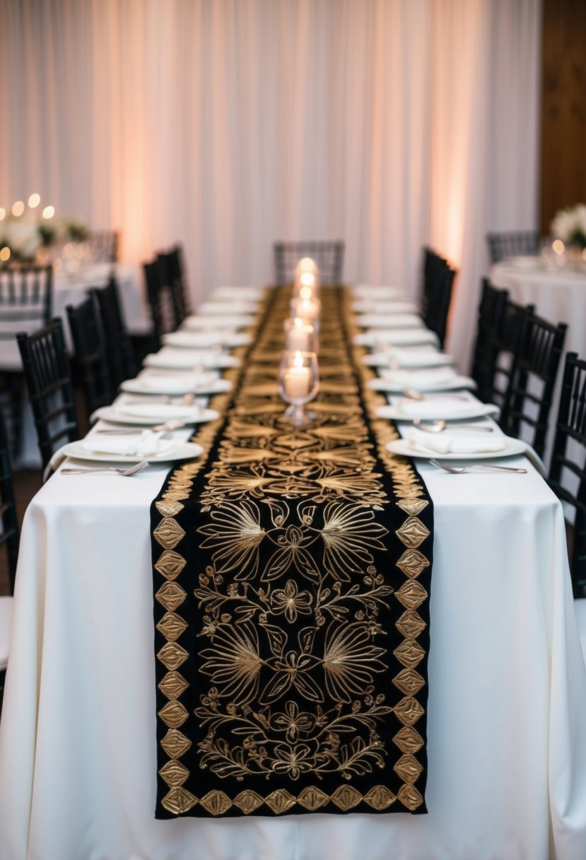 An elegant black and gold embroidered table runner drapes across a sleek wedding table, adding a touch of luxury to the decor