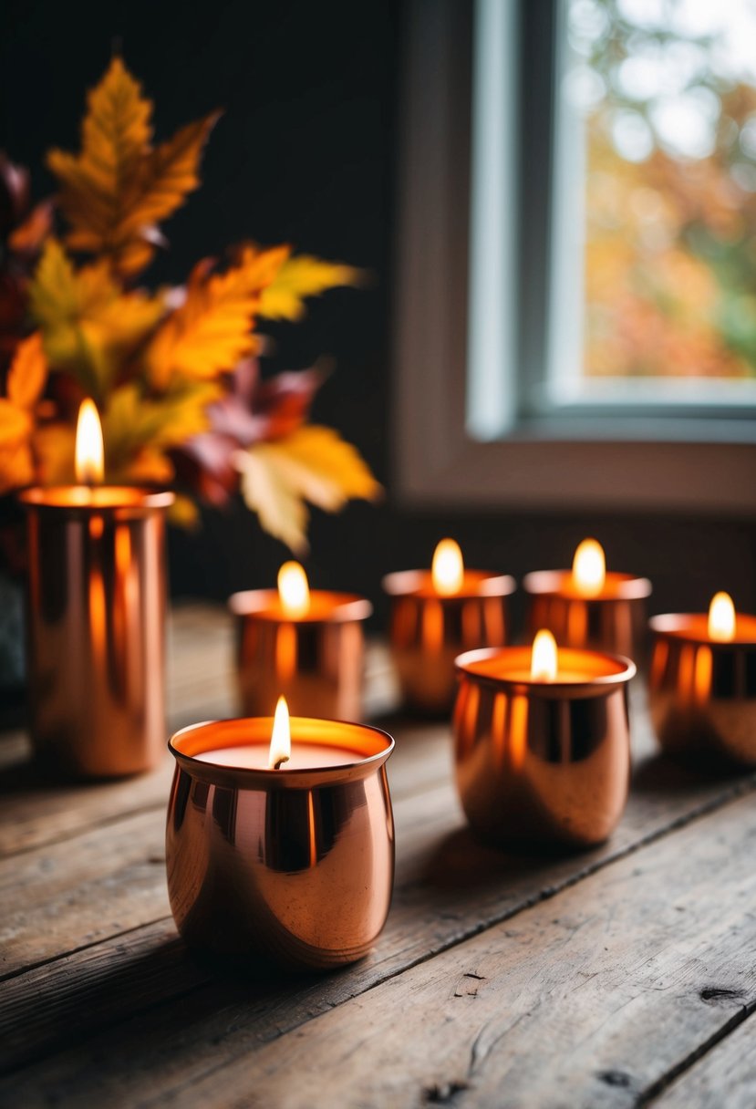 Copper candle holders arranged on a rustic wooden table with autumn foliage and soft candlelight