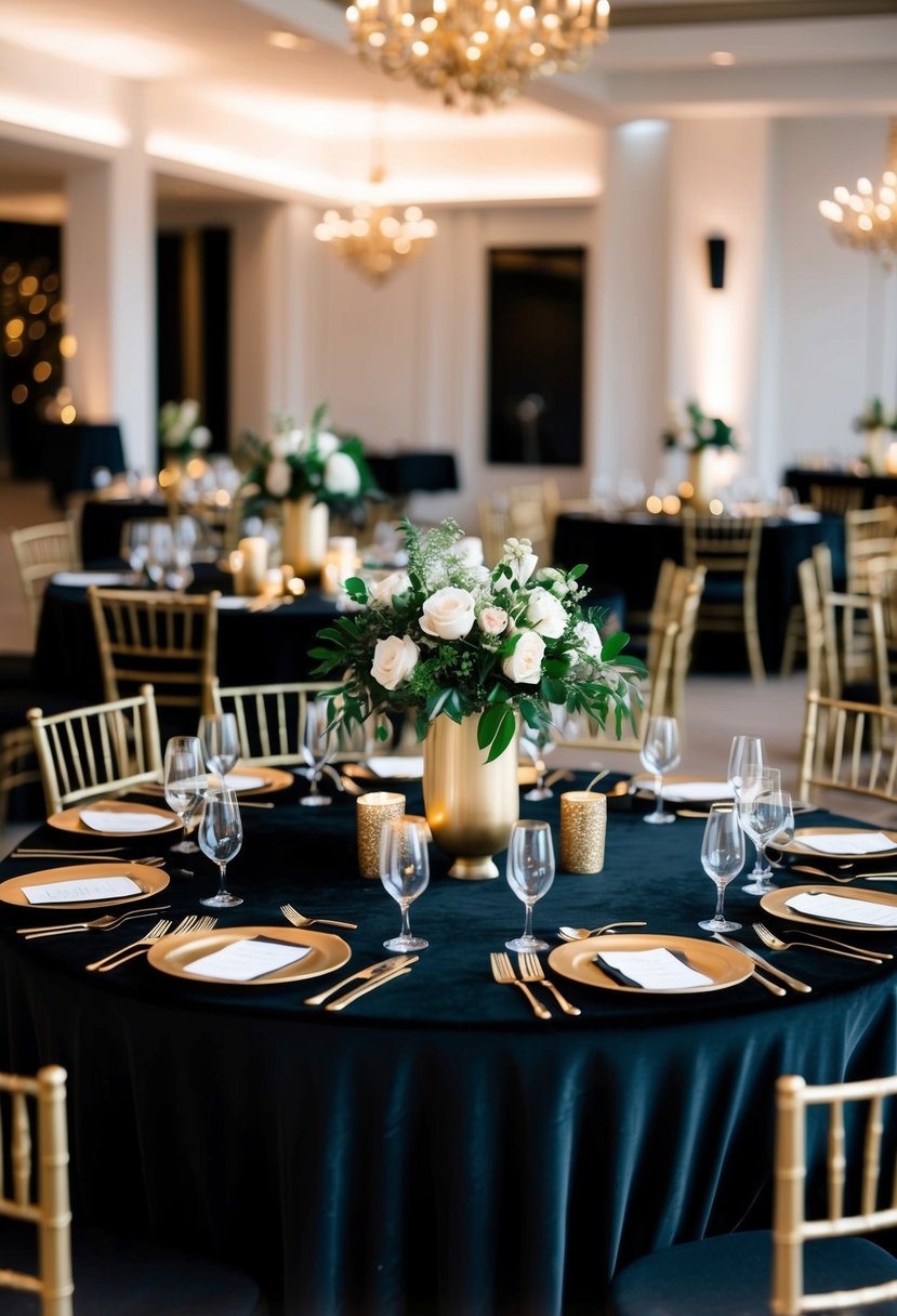 A rich black velvet tablecloth adorned with gold centerpieces, creating an elegant and luxurious atmosphere for a black and gold wedding table decoration