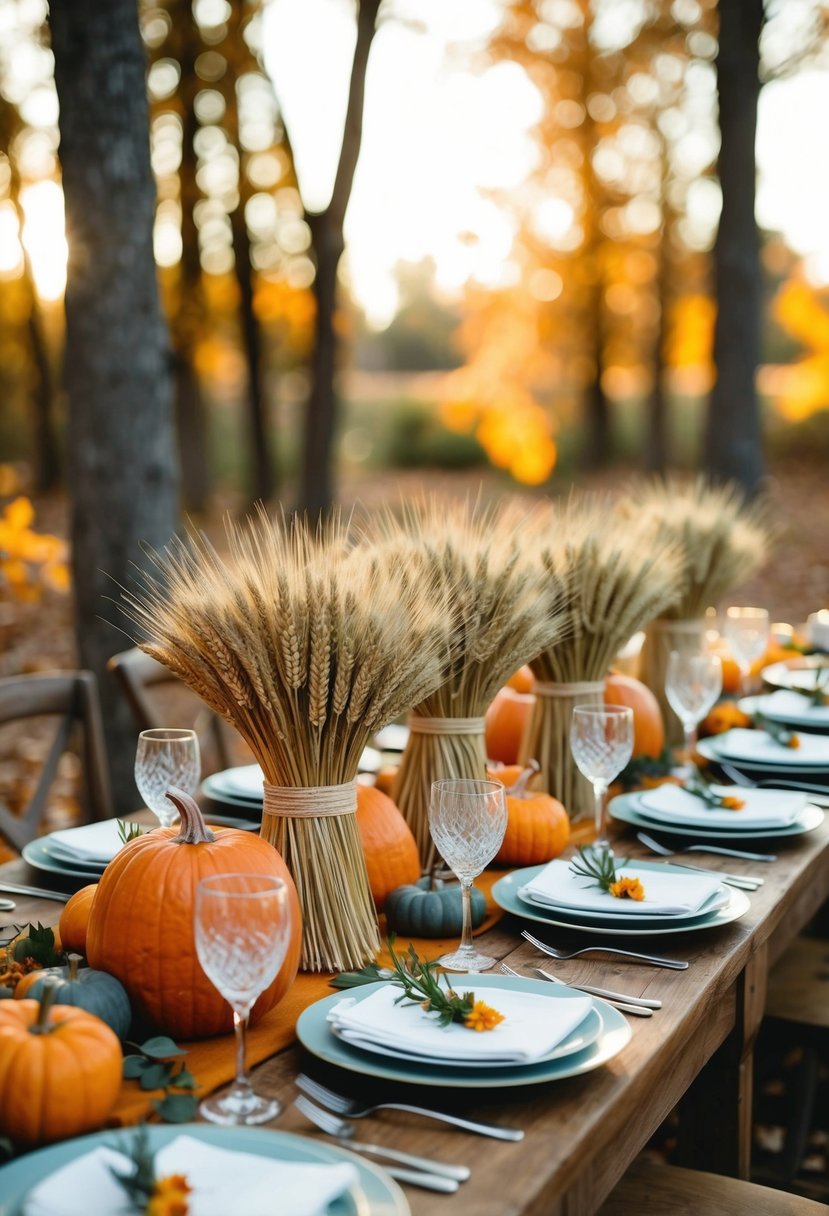 A rustic table adorned with wheat bundles, creating a warm and autumnal atmosphere for an October wedding celebration