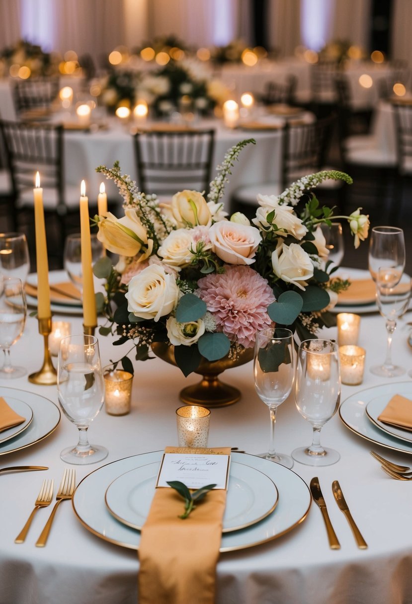 A table set with floral centerpieces, candles, and elegant place settings for a wedding reception