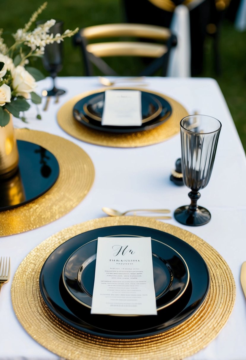 Gold placemats under black dinnerware on a table with black and gold wedding decorations