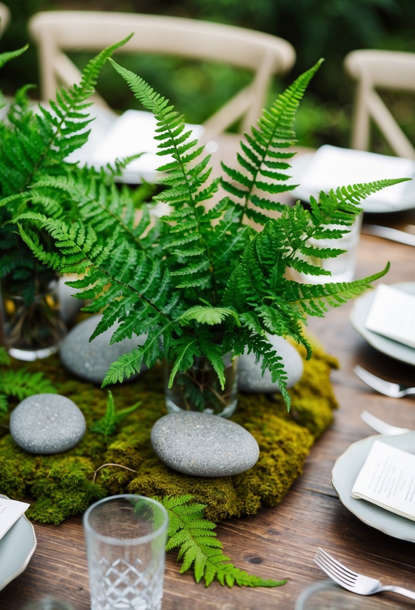 Lush ferns and moss-covered stones create a rustic centerpiece for a wedding table