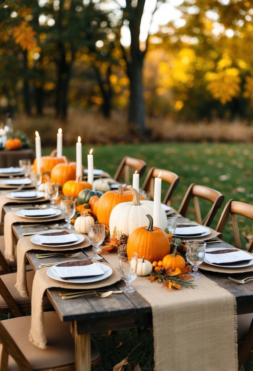 A rustic fall wedding table set with burlap linens, adorned with pumpkins, candles, and autumn foliage