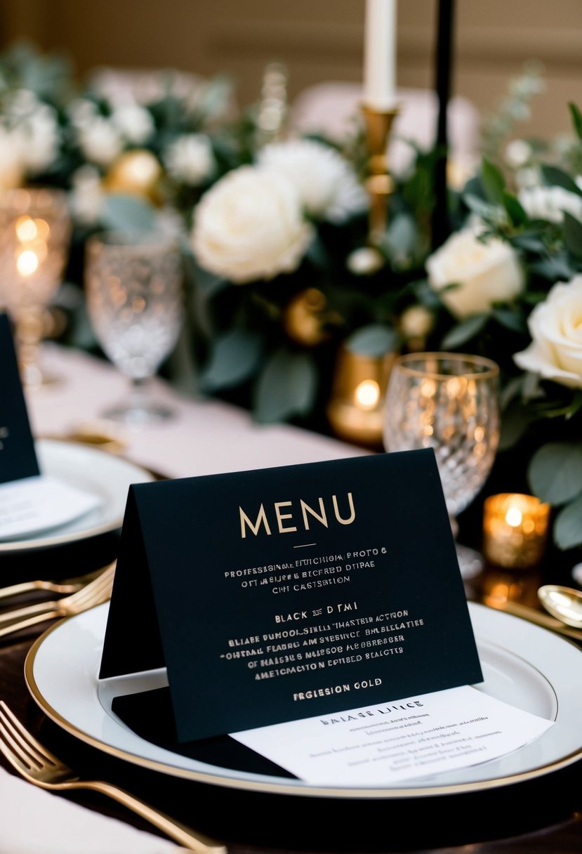 Black and gold menu cards placed on elegant wedding table with matching decorations