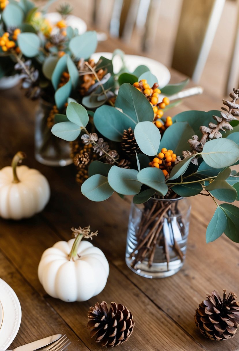 An autumn-themed table centerpiece with eucalyptus and pinecones arranged in a rustic, elegant style