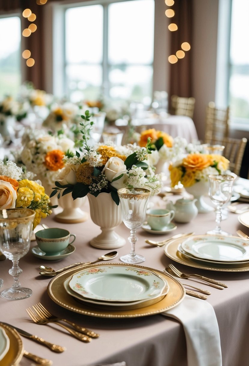 Vintage tableware arranged in a charming mix and match display for a wedding table decoration