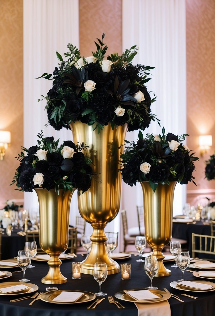 Oversized gold vases filled with black floral arrangements stand as elegant centerpieces on a black and gold wedding table