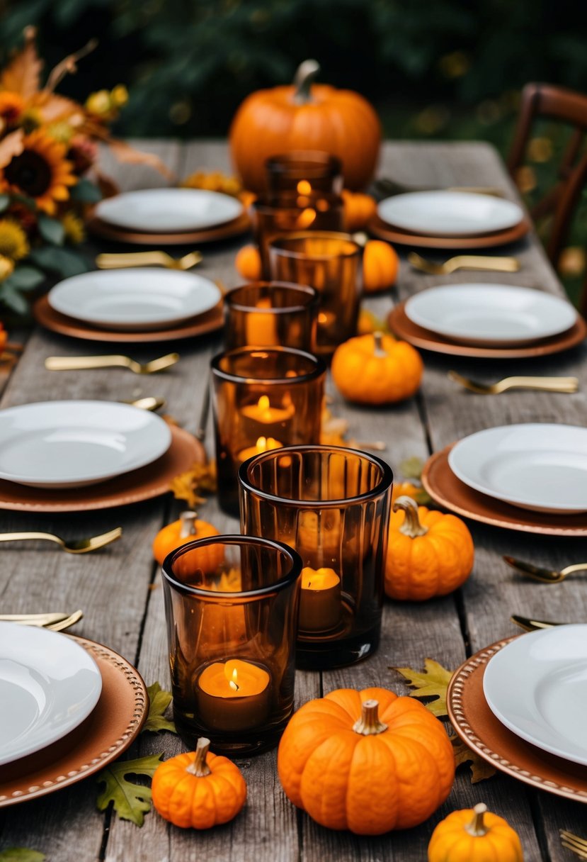 Several amber glass votive holders arranged on a rustic wooden table with autumn foliage and small pumpkins as October wedding decorations