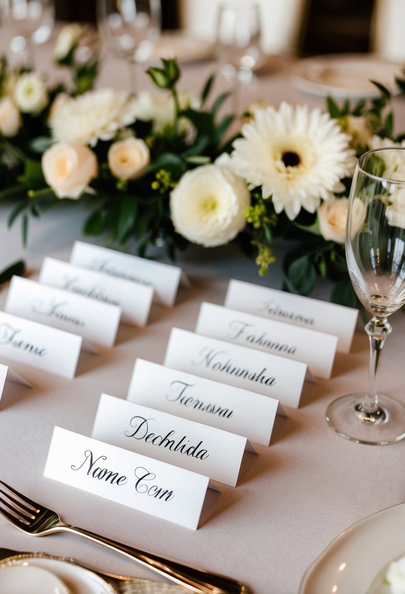 Personalized name cards arranged on a table with floral centerpieces and elegant place settings for a wedding reception