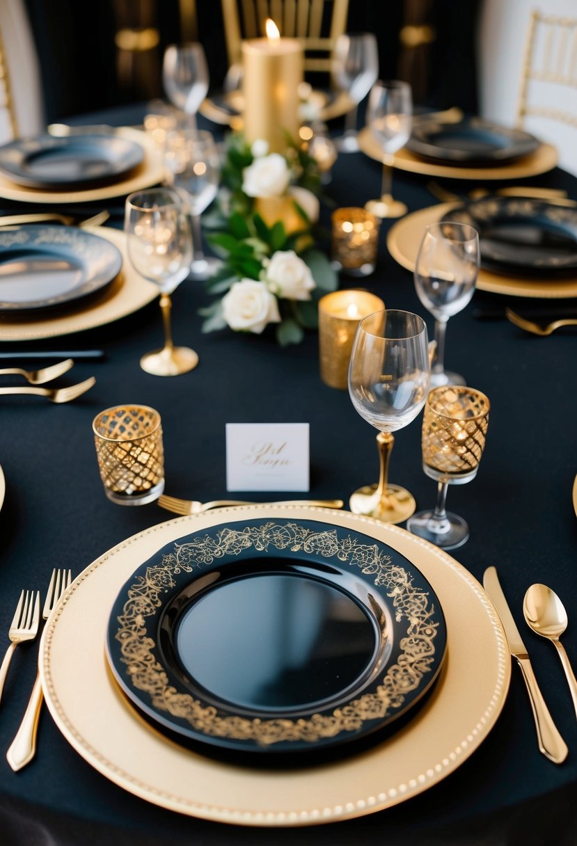 Gold chargers with black dinnerware arranged on a table, adorned with intricate gold accents for a black and gold wedding theme