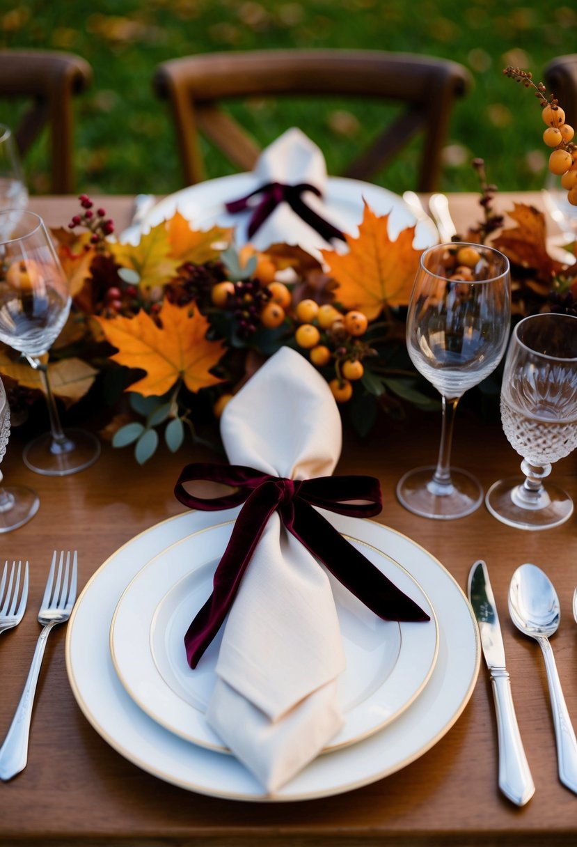 A table set with velvet ribbon napkin ties, adorned with autumnal foliage for an October wedding