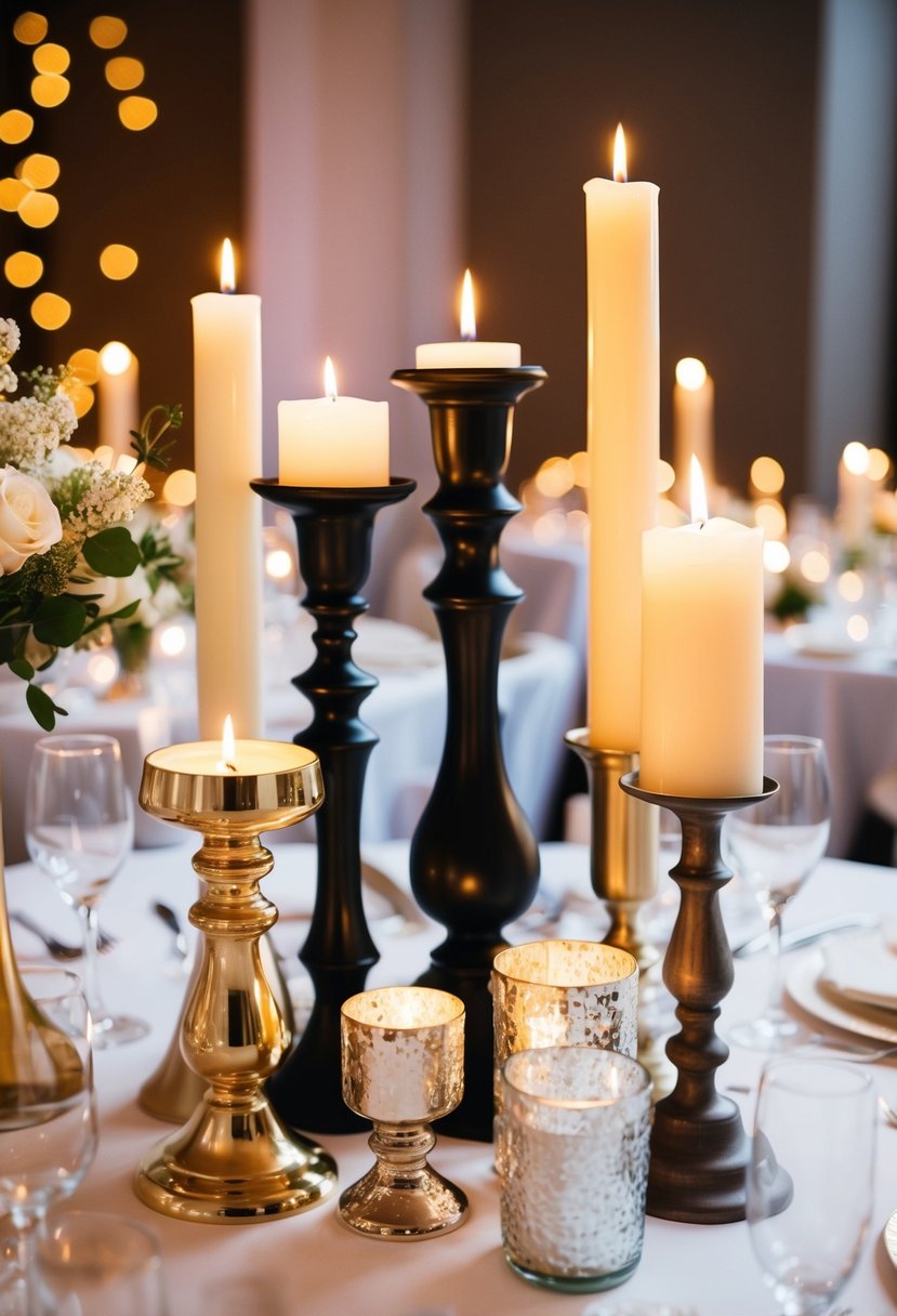 Various mismatched candle holders in different shapes and sizes arranged on a wedding reception table