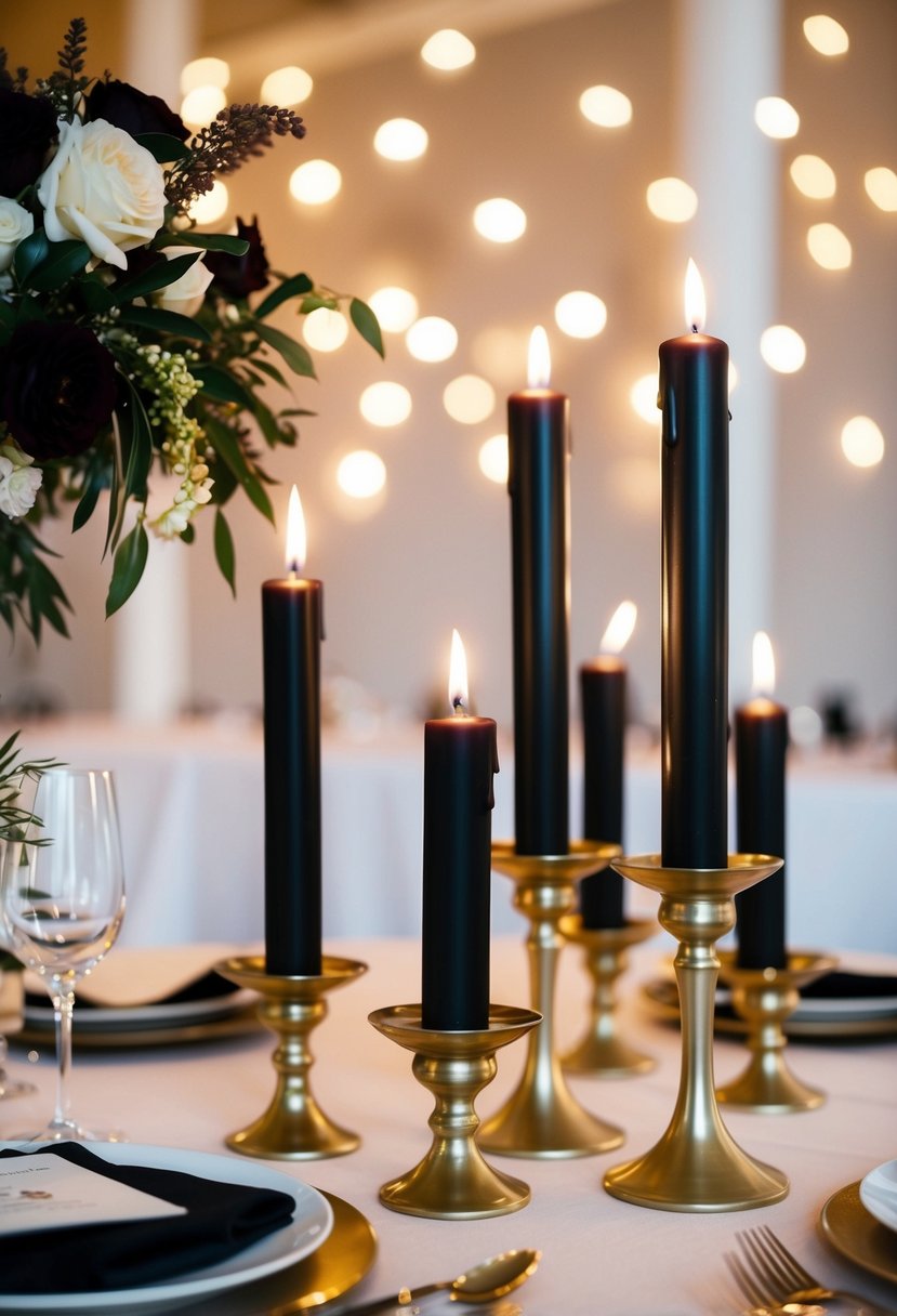 Elegant black candles in gold holders adorn a wedding table