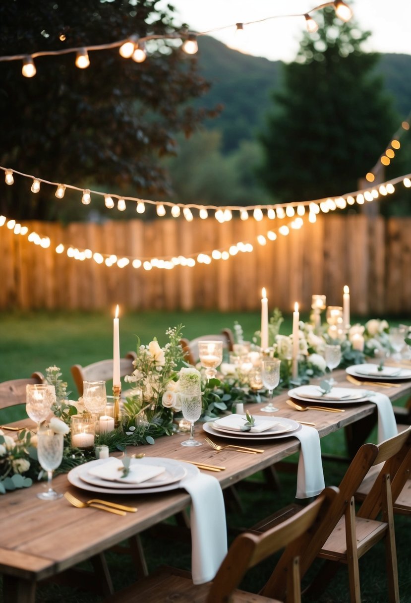 A rustic outdoor wedding table adorned with delicate string lights, casting a warm and romantic glow over the elegant centerpiece and place settings