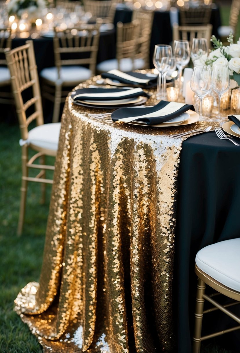 Black and gold sequin tablecloth draped over a wedding table, sparkling in the light, surrounded by matching decor for a glamorous touch