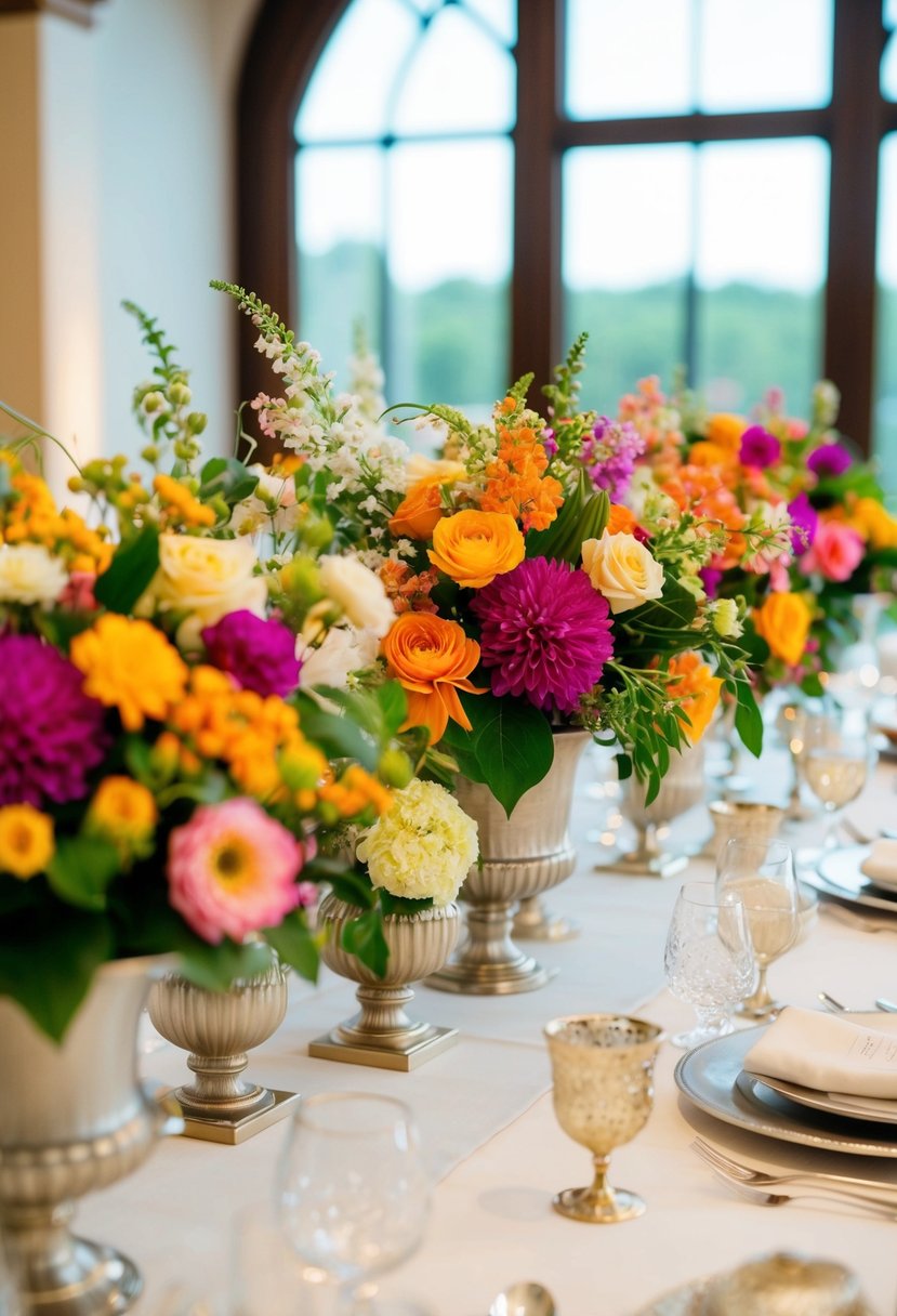 A table adorned with vibrant seasonal blooms arranged in elegant vases, creating a beautiful and romantic setting for a wedding celebration