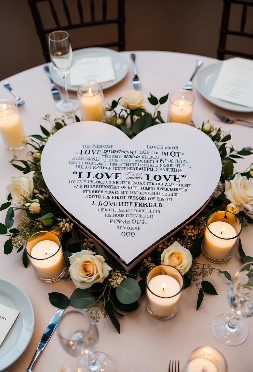 A heart-shaped centerpiece with love quotes encircling it, surrounded by delicate flowers and candles, adorns a wedding reception table