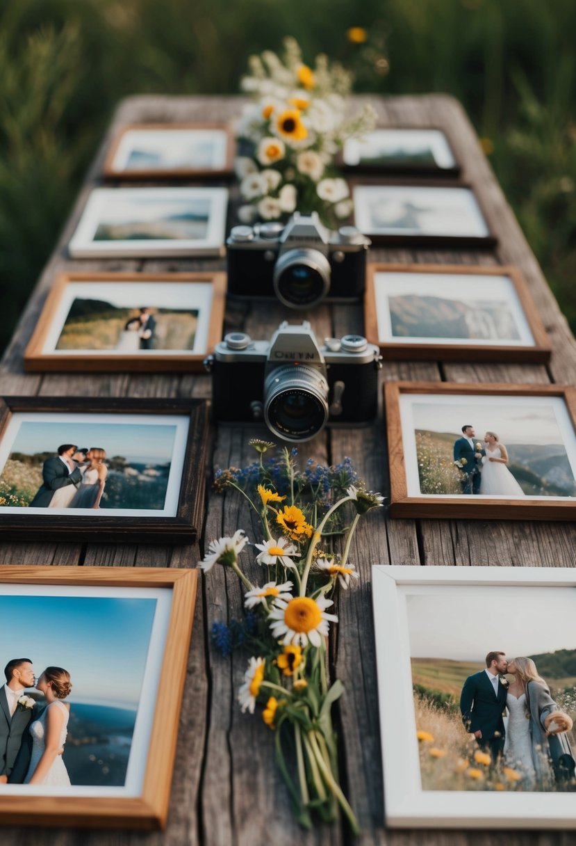 A rustic wooden table adorned with framed photos, vintage cameras, and wildflowers, capturing the couple's journey through various destinations