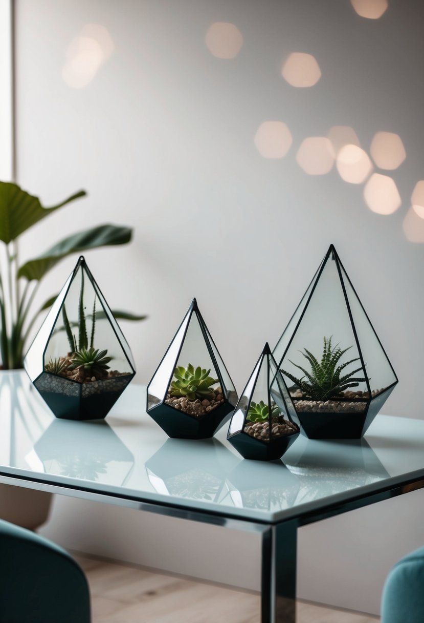 Geometric terrariums arranged on a sleek table with minimalist decor