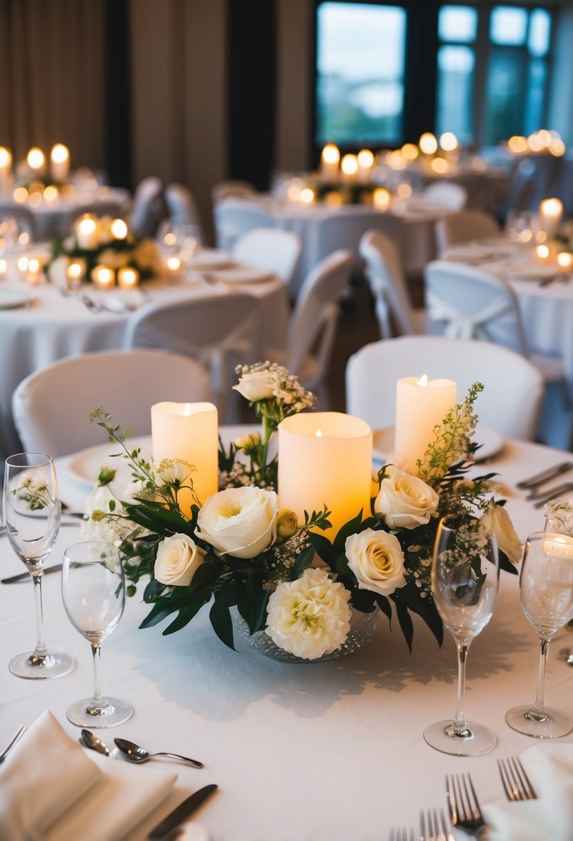 A table set with white linens, delicate floral centerpieces, and glowing candles, creating a romantic and elegant atmosphere for an indoor wedding celebration