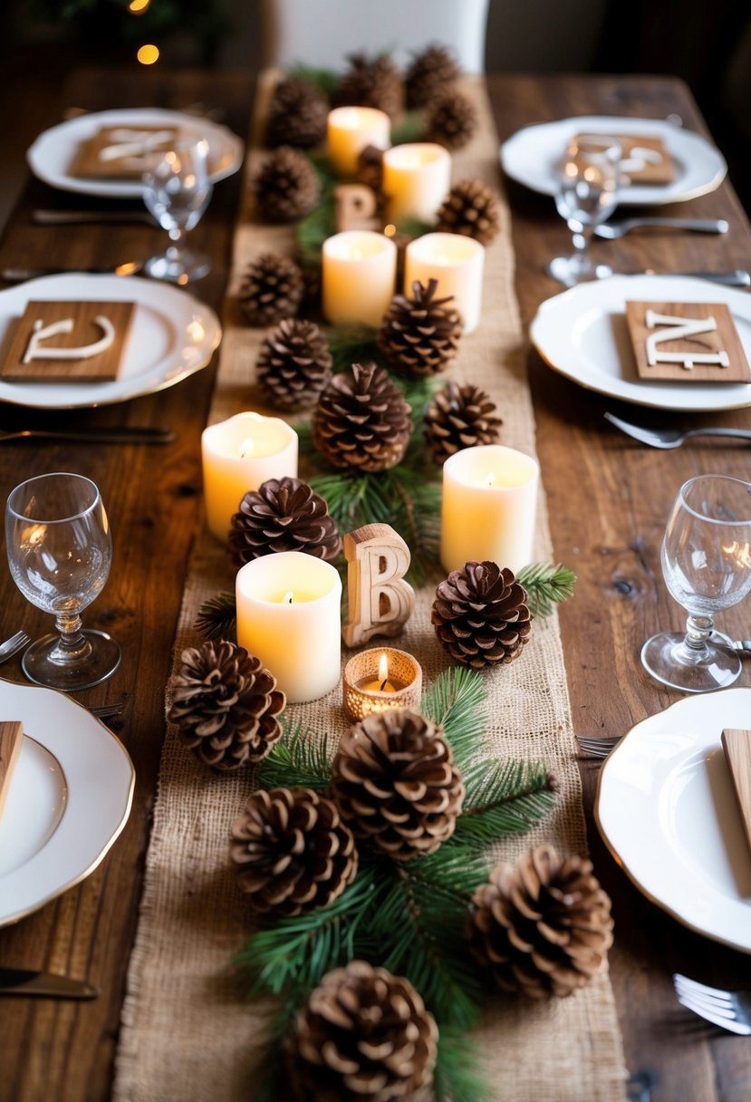 A wooden table adorned with carved initials, surrounded by pinecones, candles, and a burlap runner