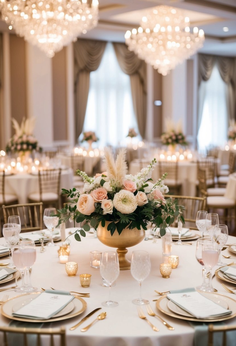 A lavish indoor wedding table adorned with elegant floral centerpieces in soft pastel colors